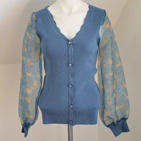 SIONI blu knit with Sheer floral Long Sleeves Sweater Top Cornflower blue Size S - Picture 2 of 16